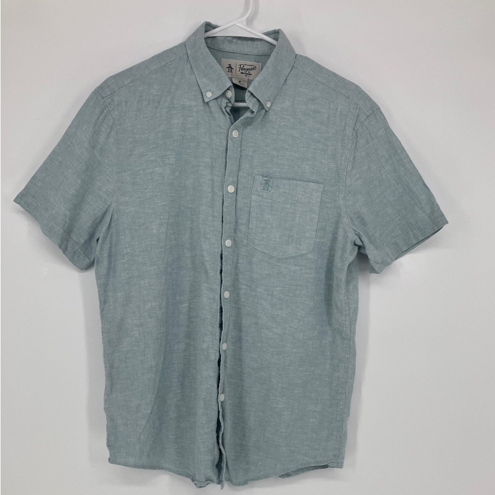Original Penguin Mens Short Sleeve Linen Blend Button Down Shirt Seafoam Green M